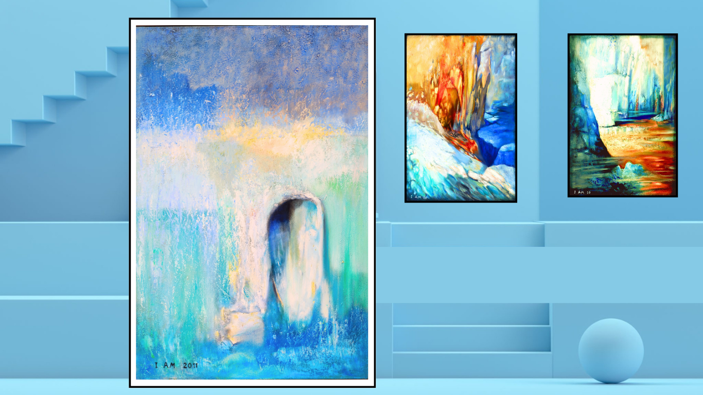 Three abstract paintings on a blue wall with a staircase in the background