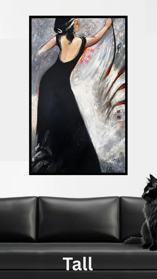 Framed abstract painting of a woman in a black dress with a cat on a sofa below.