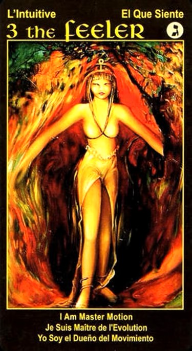 Artistic depiction of a woman with flowing hair and a cross, surrounded by fiery colors, on a dark background.