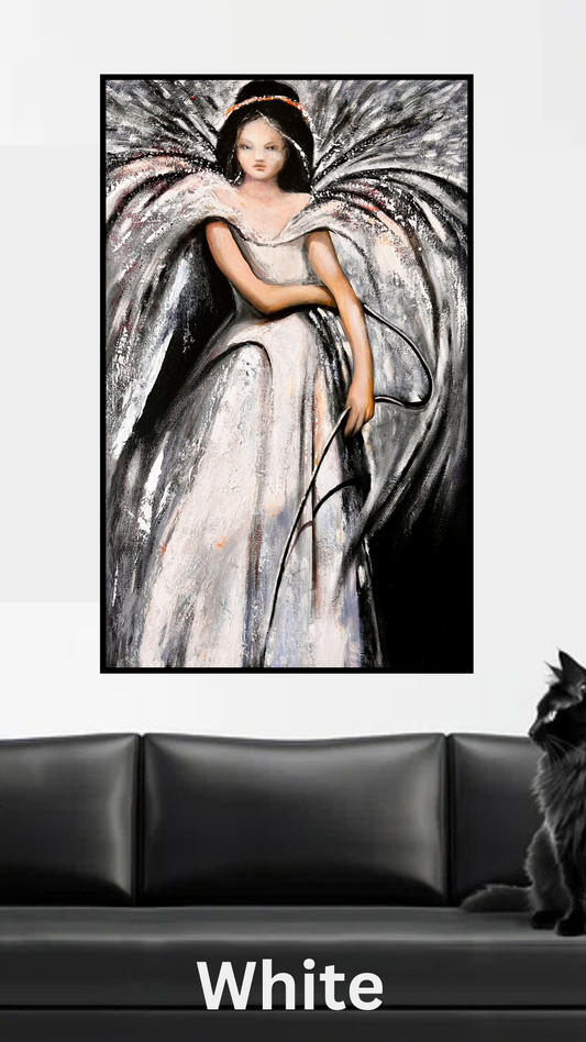 Framed artwork of a woman in a white dress on a black sofa with a cat.
