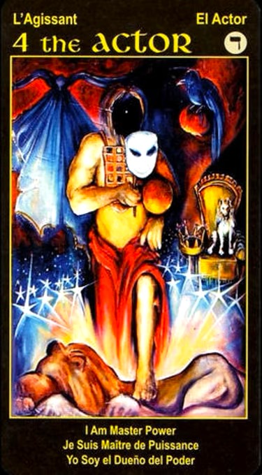 Tarot card featuring a figure labeled '4 the Actor' with text at the top and bottom.