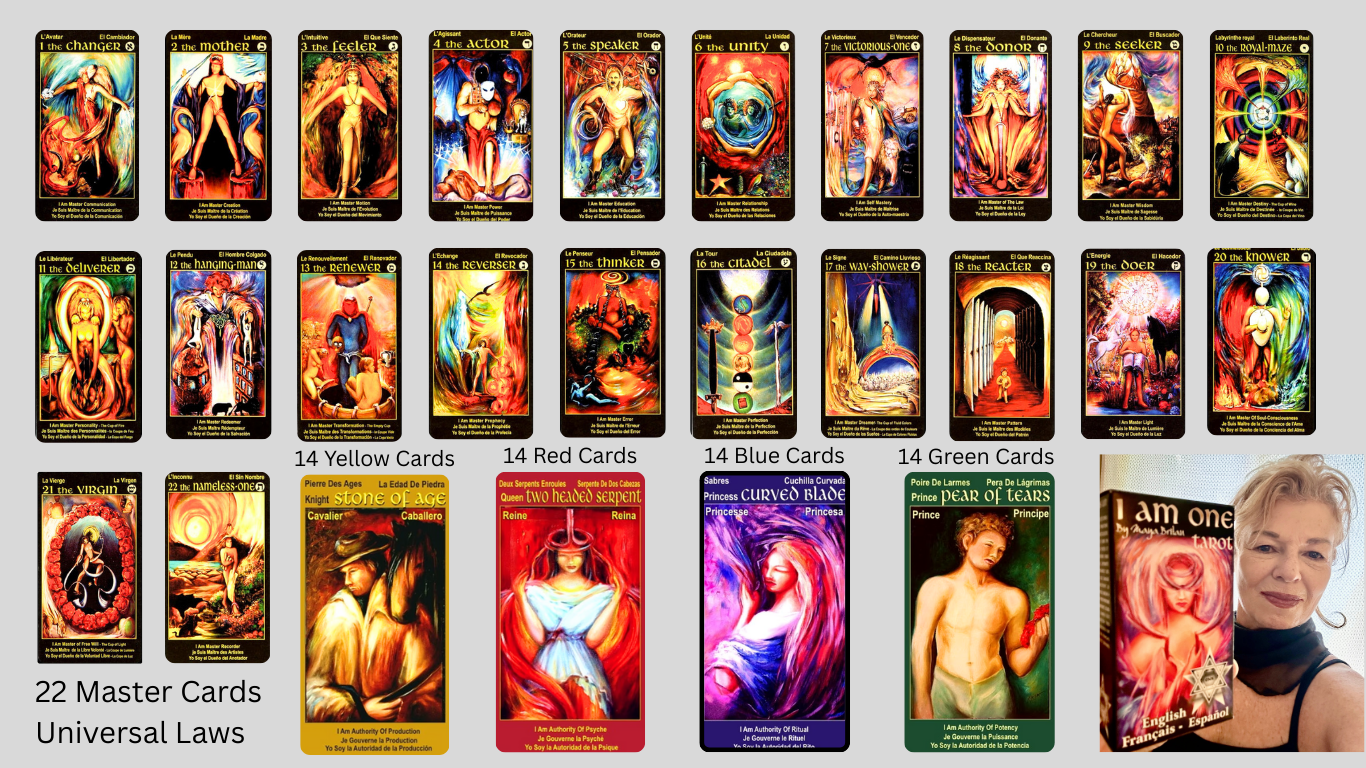 Collection of tarot cards with colorful designs and a woman in a black top on the right side.
