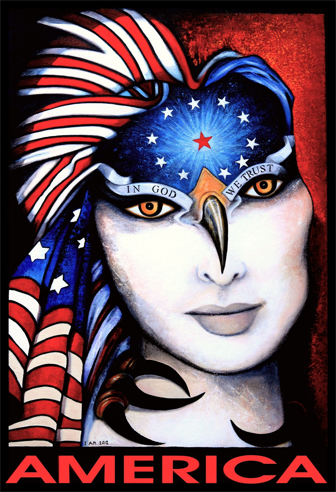 Artistic depiction of a person wearing an American flag headdress with 'In God We Trust' on a red background.