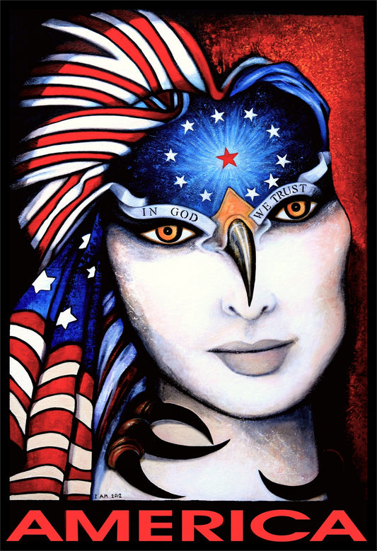 Artistic depiction of a person wearing an American flag headdress with 'In God We Trust' on a red background.