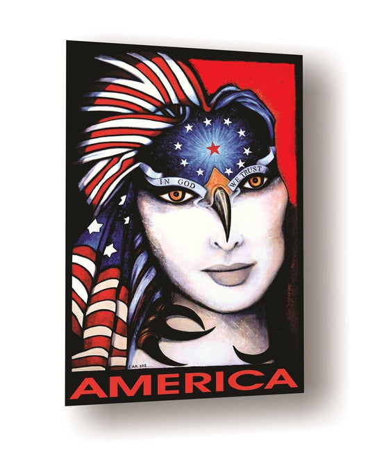 Artistic depiction of a woman with an American flag headdress and 'America' text on a red background