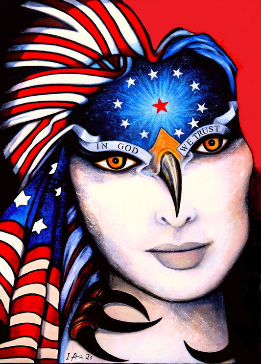 Artistic depiction of a person with an American flag headdress and eagle emblem on a red background.