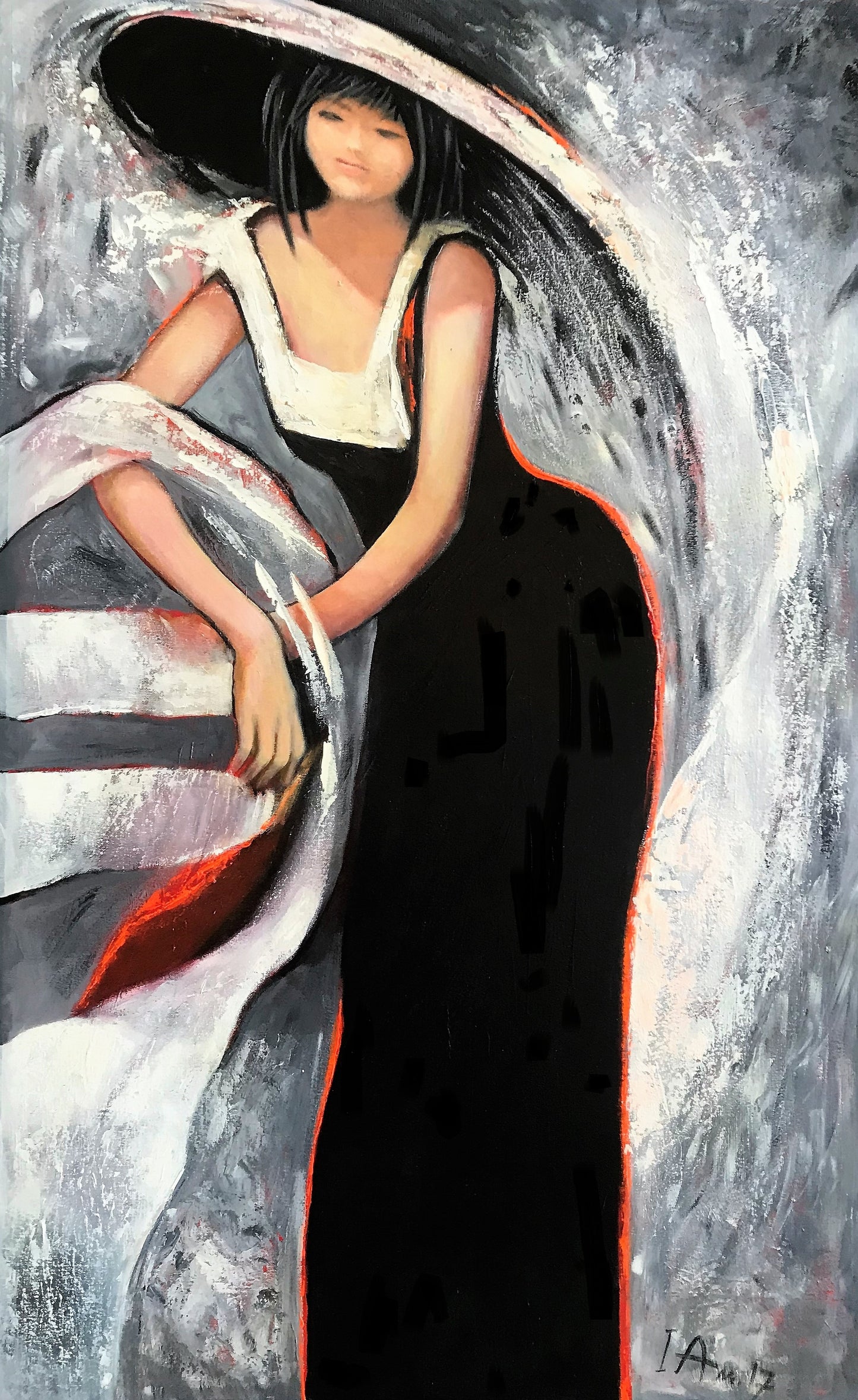 Artwork painting of a woman in a black dress and white hat with abstract background