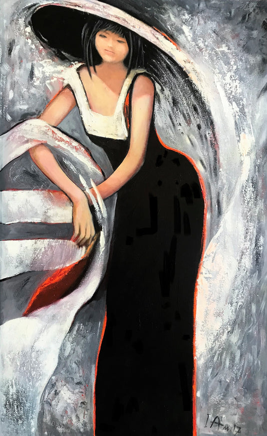 Artwork painting of a woman in a black dress and white hat with abstract background