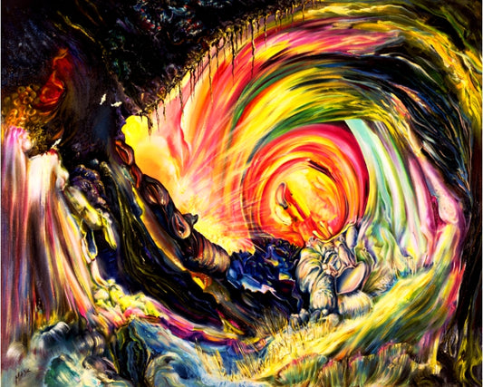 Colorful abstract artwork with swirling patterns and a figure sitting on a rock.