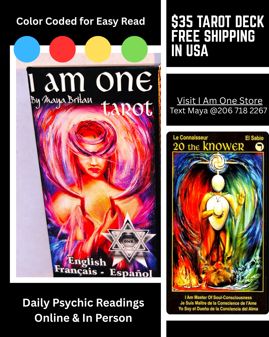 I am one Tarot book with colorful cover and promotional text about tarot deck and psychic readings.