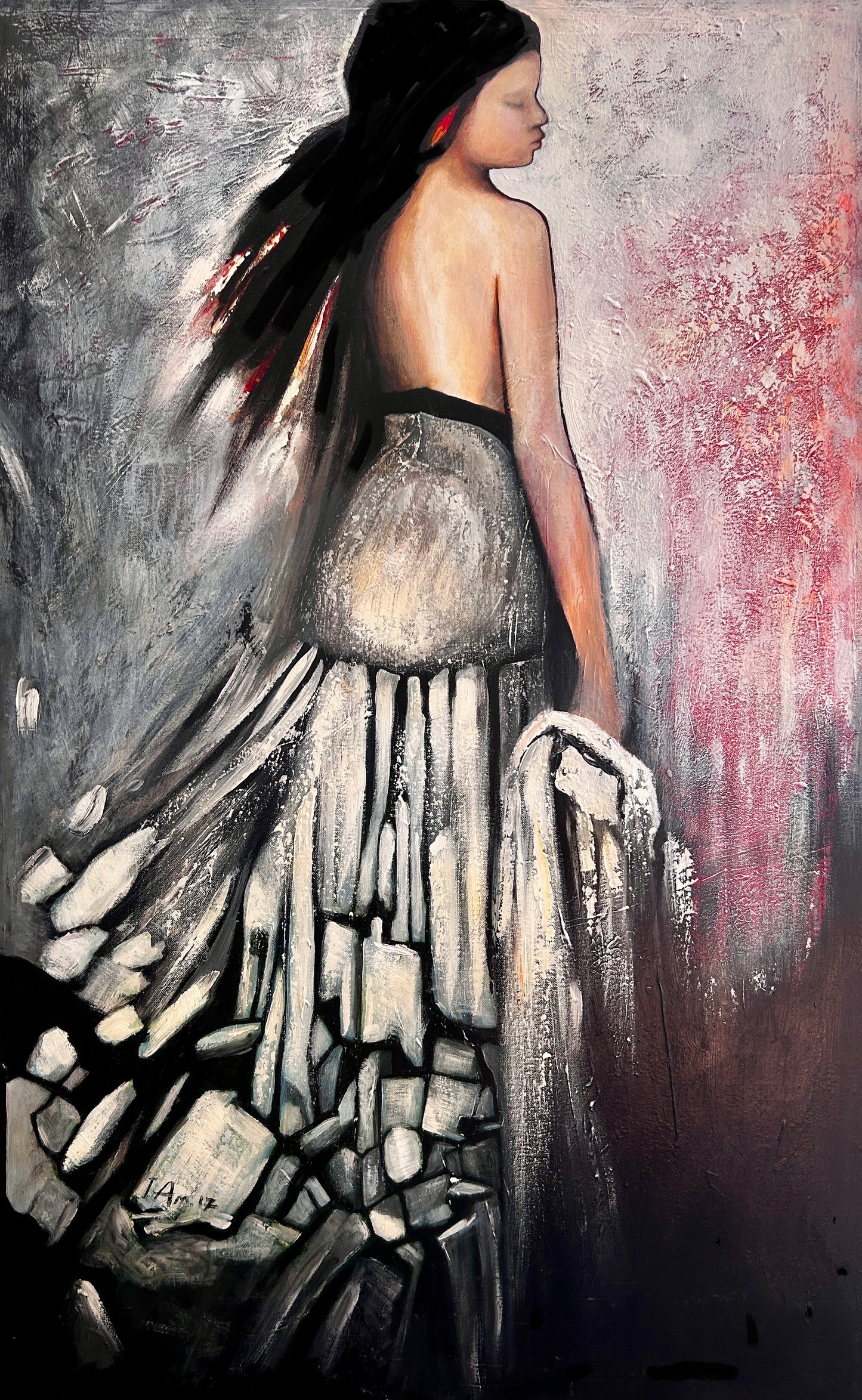Art painting of a woman in a flowing green dress with abstract background