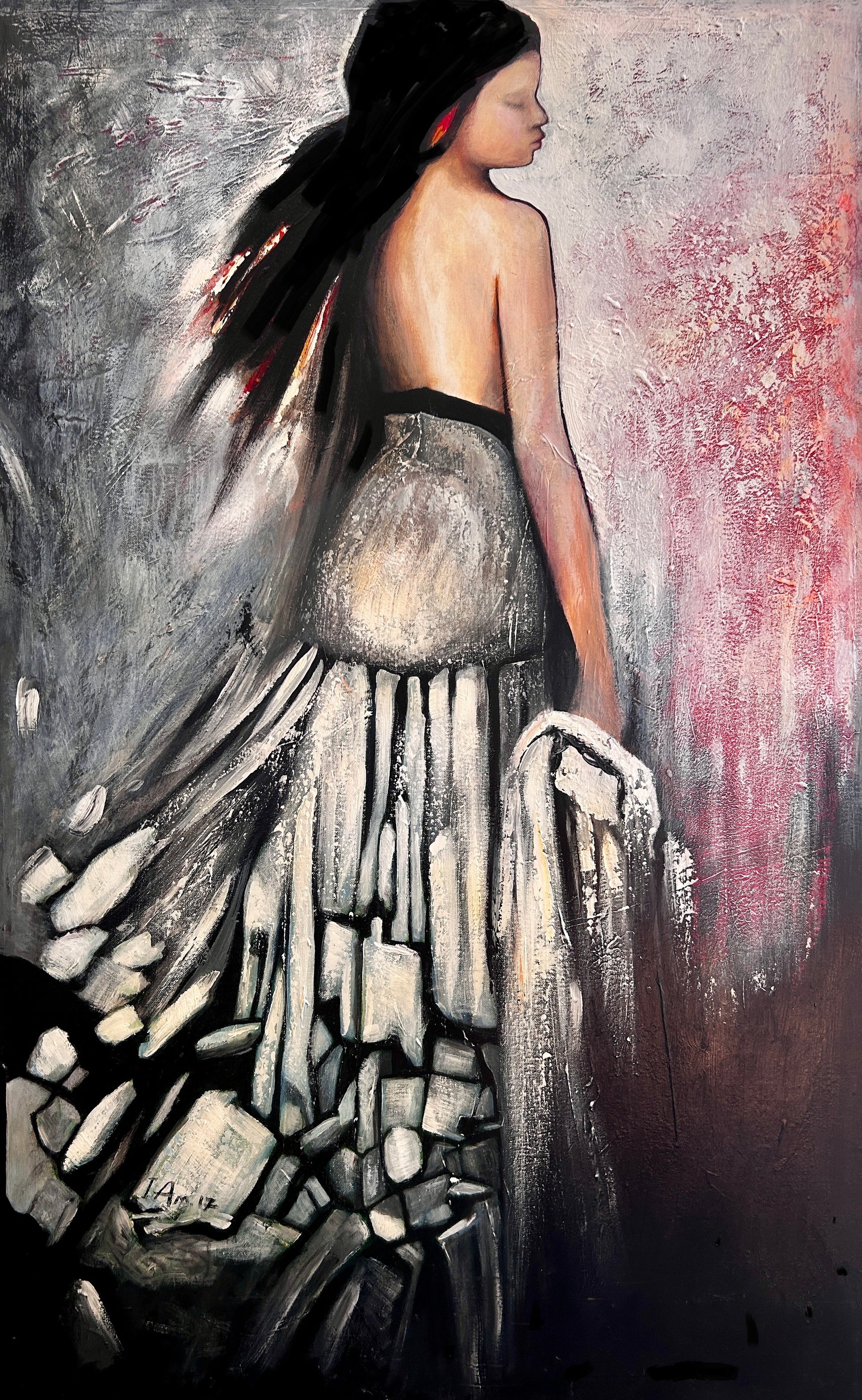 Art painting of a woman in a flowing green dress with abstract background