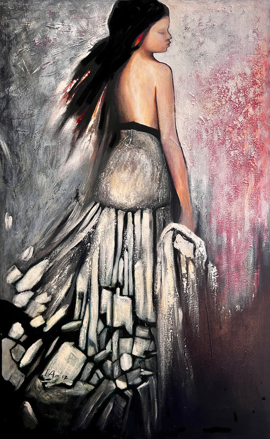 Art painting of a woman in a flowing green dress with abstract background