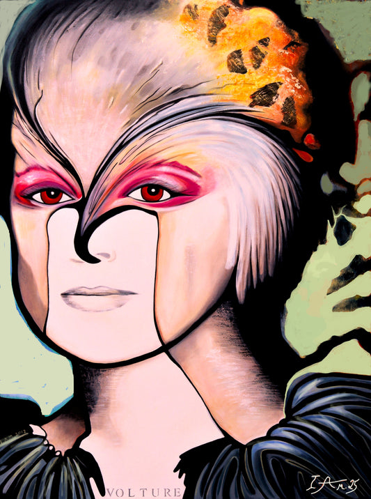 Artistic depiction of a character with distinctive makeup and costume, featuring a crown.
