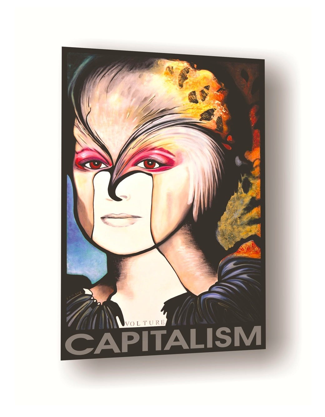 A painting with stylized woman face and 'Capitalism' text on a white background