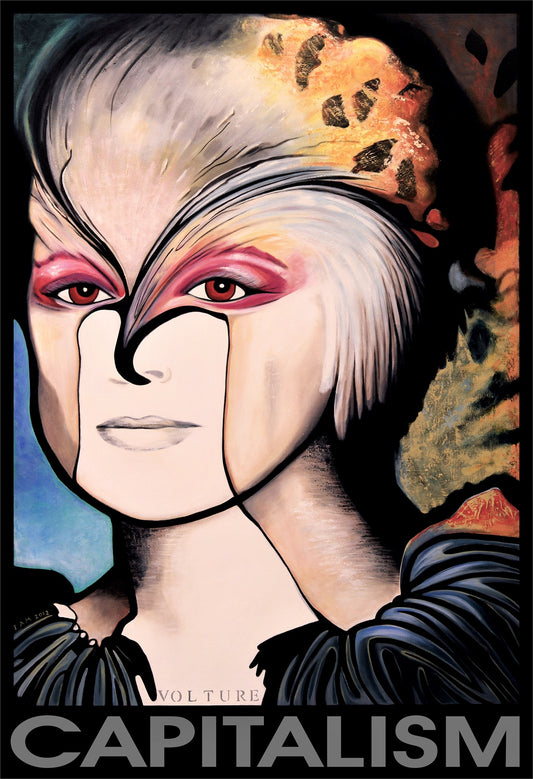 Artistic depiction of a stylized face with abstract elements and 'Capitalism' text at the bottom.