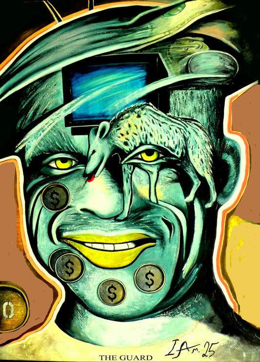 Cash money hyena animal spirit portrait of green man with yellow background 