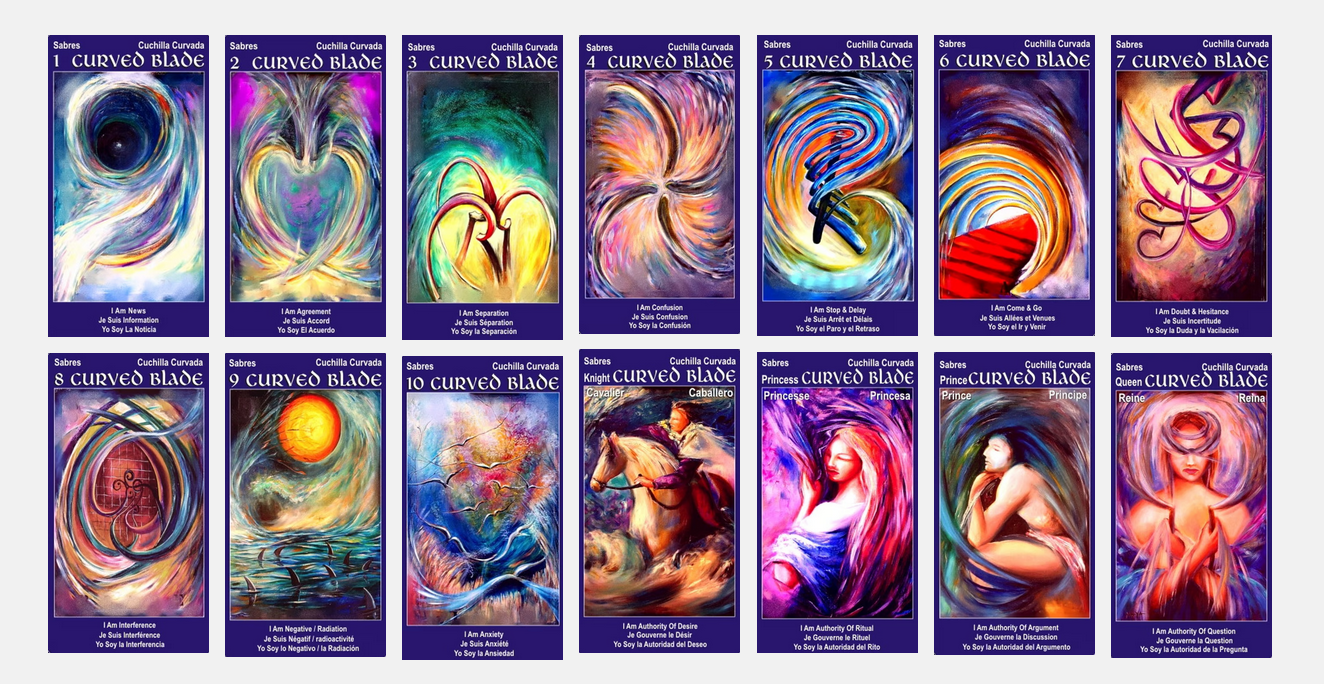 Collection of 14 Blue Tarot Cards 'Curved Blades' with abstract designs and text on a white background