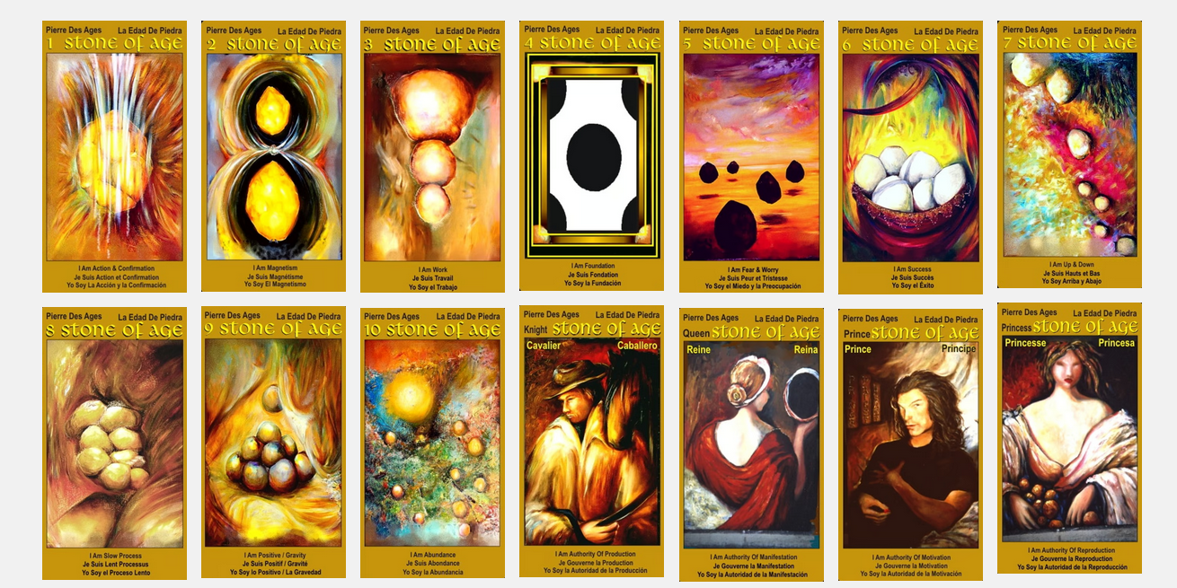 Collection of 14 Yellow tarot card 'Stones Of Age"with various designs and colors background.