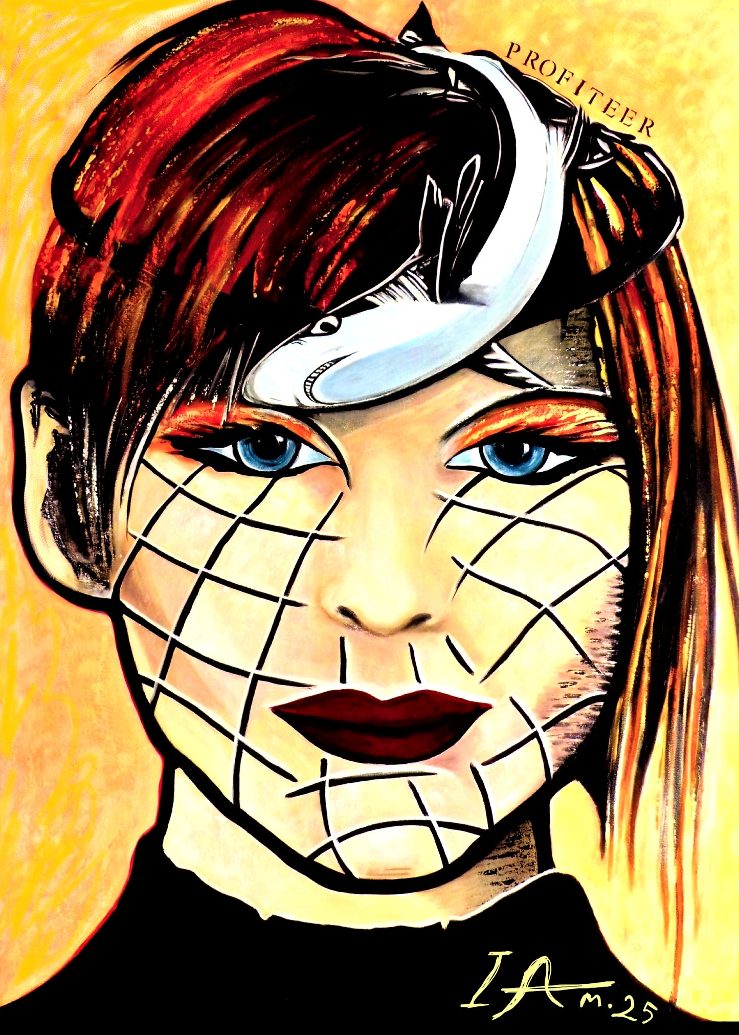 Profiteer shark portrait of a woman in fish net black white and yellow with blue eyes
