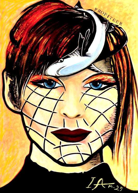 Profiteer shark portrait of a woman in fish net black white and yellow with blue eyes