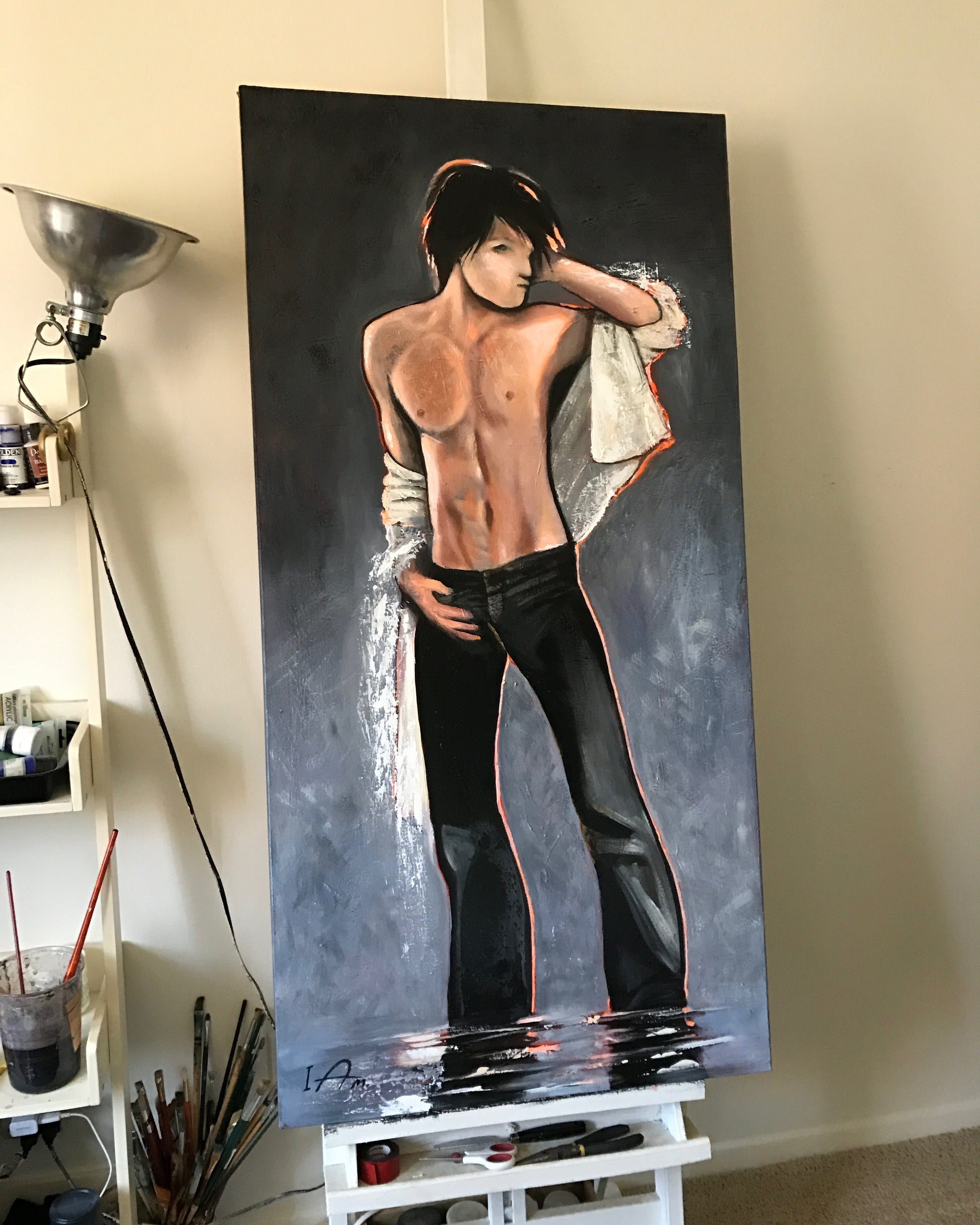Large painting of a young man in a dynamic pose on a dark background