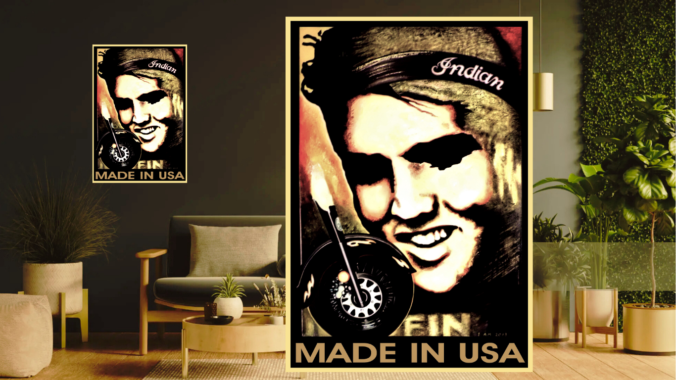Elvis Presley Living room with framed posters of a person wearing an 'Indian' cap and 'MADE IN USA' text.