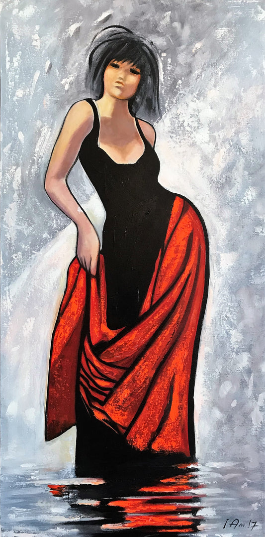 Figurative painting of a woman in a black and red dress against a gray background