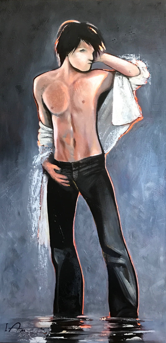 Artistic depiction of a shirtless person standing in water with a gray background