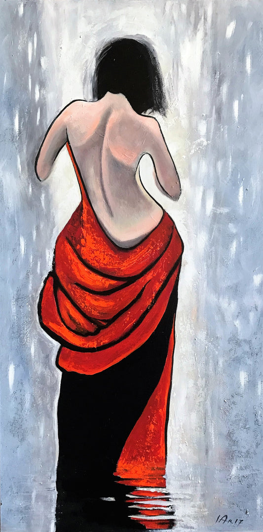 Painting of a woman back side in a red and black garment against a gray background