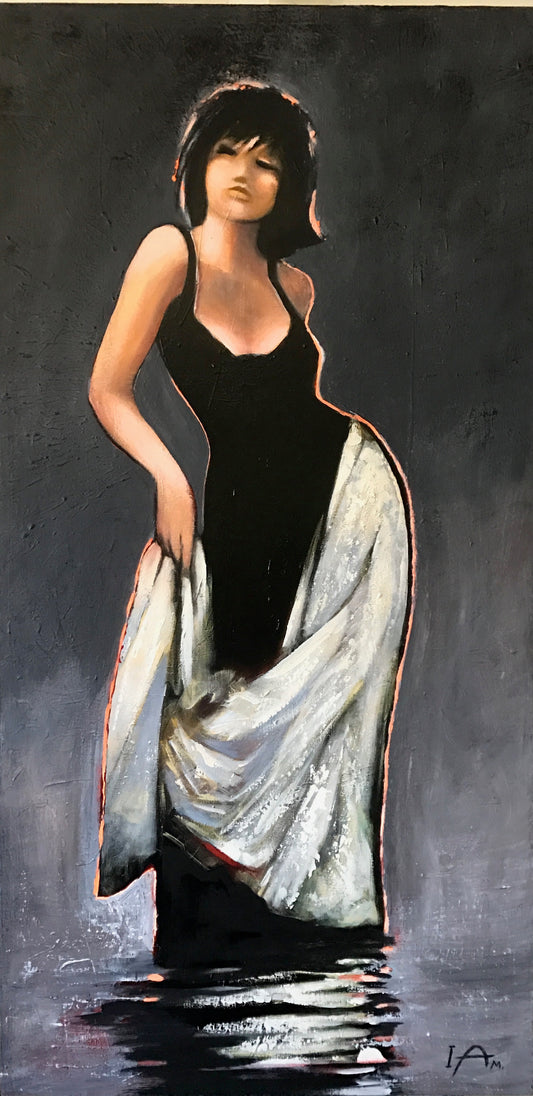 Artistic depiction of a woman in a black dress with a white shawl against a dark background