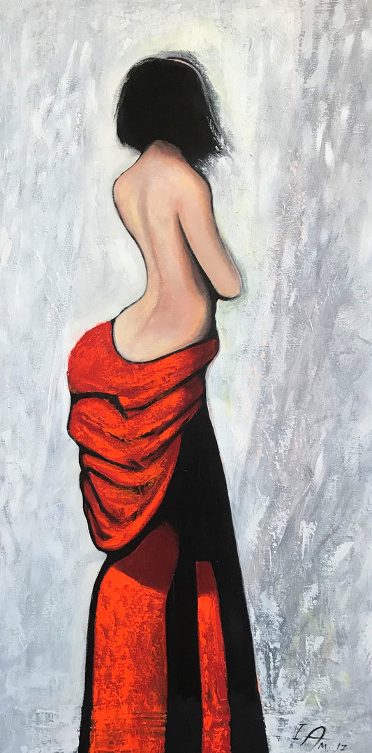 Artistic depiction of a figure draped in red fabric against a textured gray background