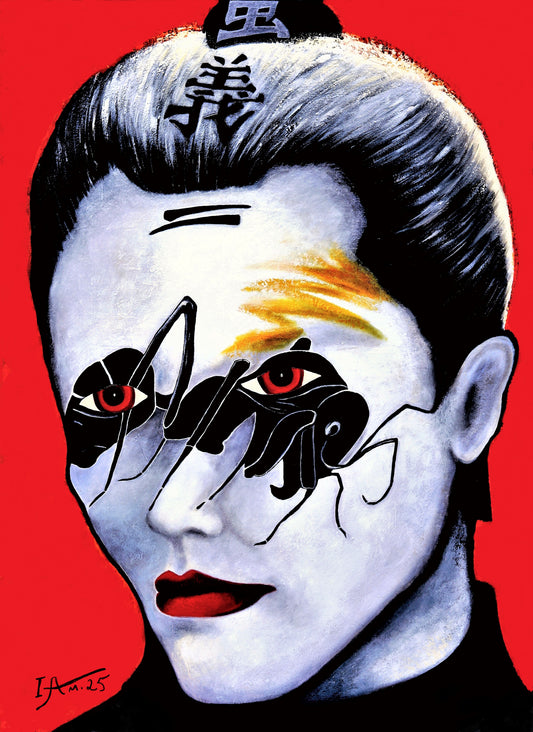 Artistic depiction of a person with stylized face paint on a red background