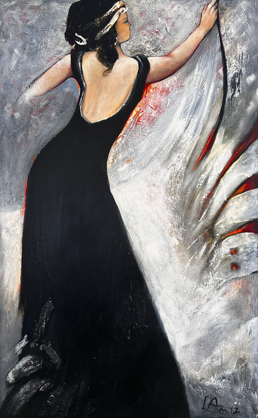 Art painting of a woman in a black dress against a textured gray background 