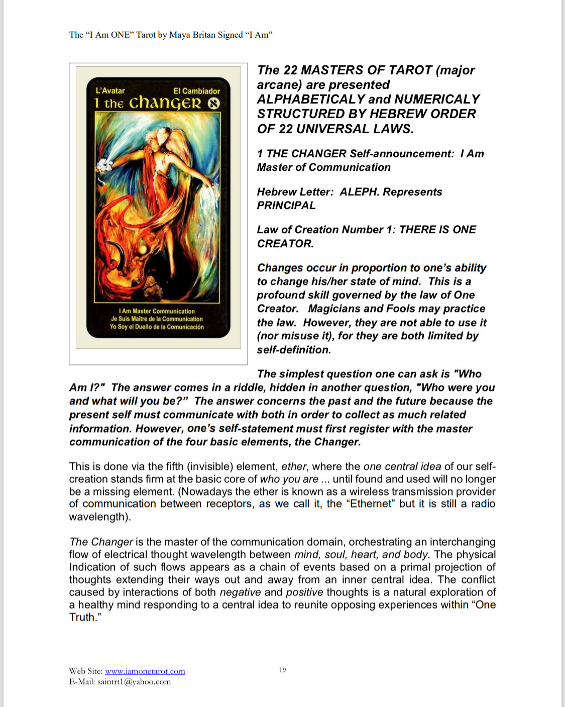 Screen shot of a webpage with text and a tarot card image.