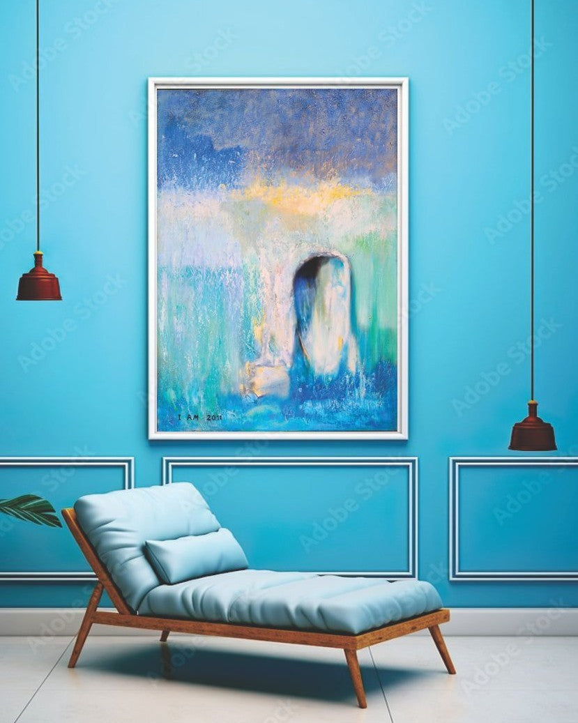 Modern interior with a blue wall, abstract painting, and a light blue chair.