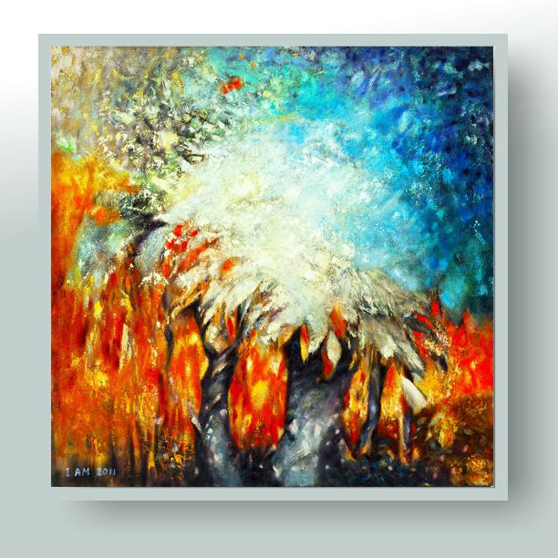 Abstract landscape painting with vibrant colors on a white background