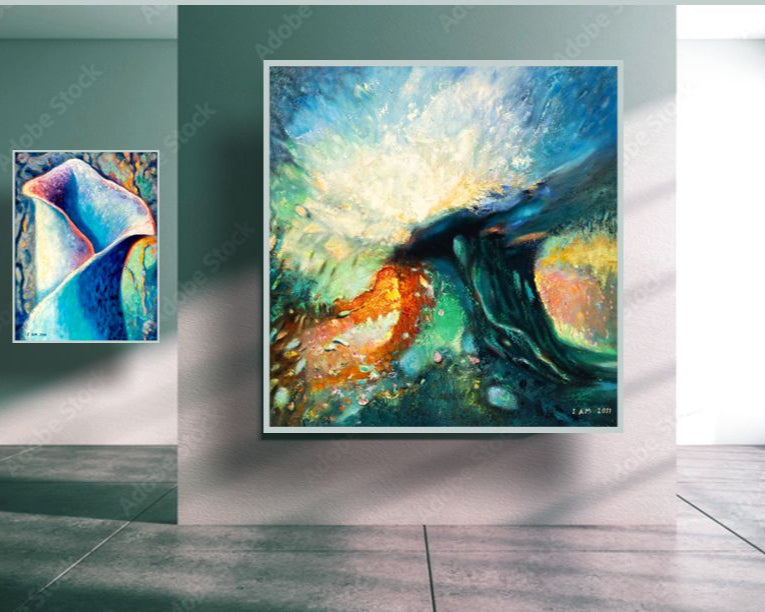 Abstract landscape tree painting with vibrant colors on a wall