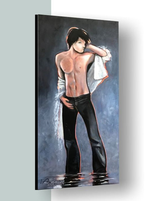 Artistic depiction of a person in black pants with a white towel, on a textured gray background