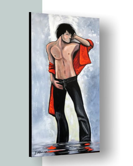 Artwork painting of a young man holding a red garment against a textured background