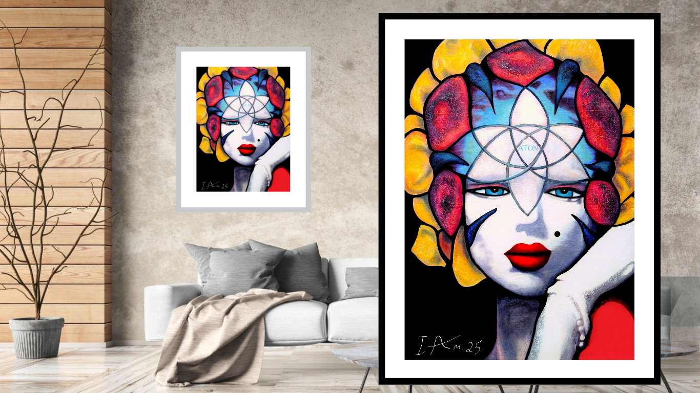 Framed artwork of a stylized face with geometric patterns in a living room setting.