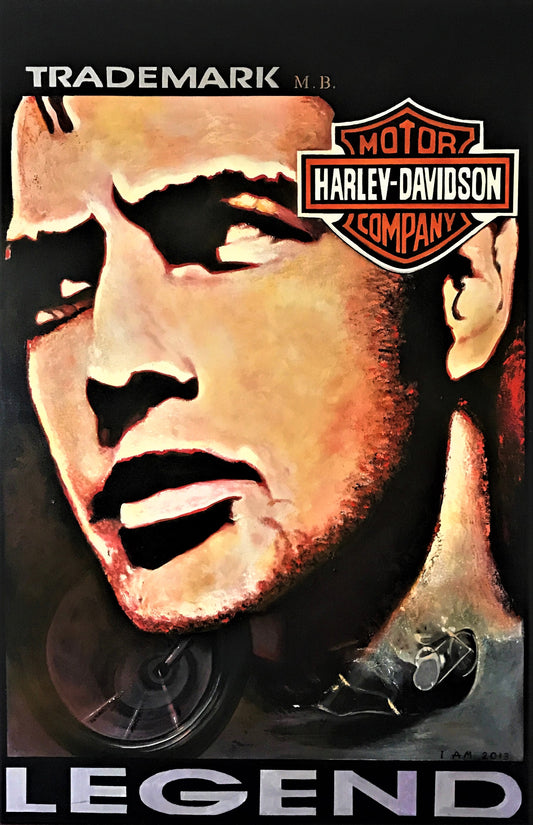 Harley-Davidson advertisement with a stylized portrait and brand logo.