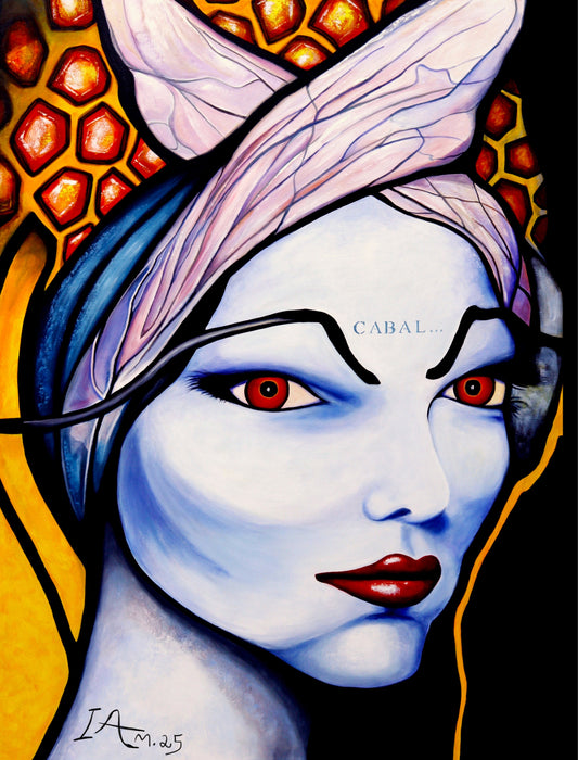 Artistic depiction of a character with red eyes and a stylized headpiece, featuring the word 'Cabal'.