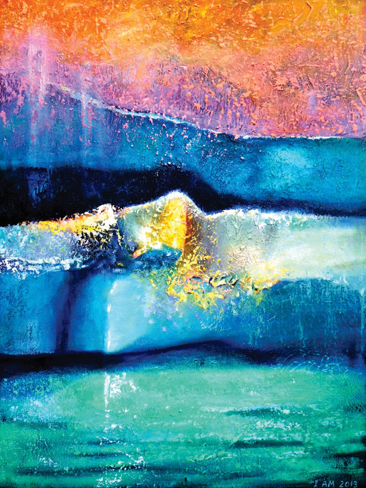 Abstract painting with vibrant colors and dynamic wave-like patterns