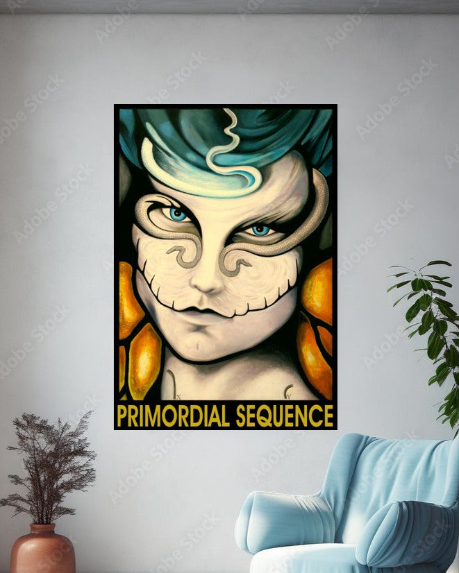 Artistic poster of a stylized face with 'Primordial Sequence' text on a wall with a plant and chair.