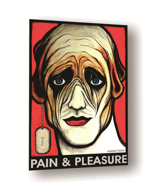 Artistic depiction of a dog face portrait with 'Pain & Pleasure' text on a red background