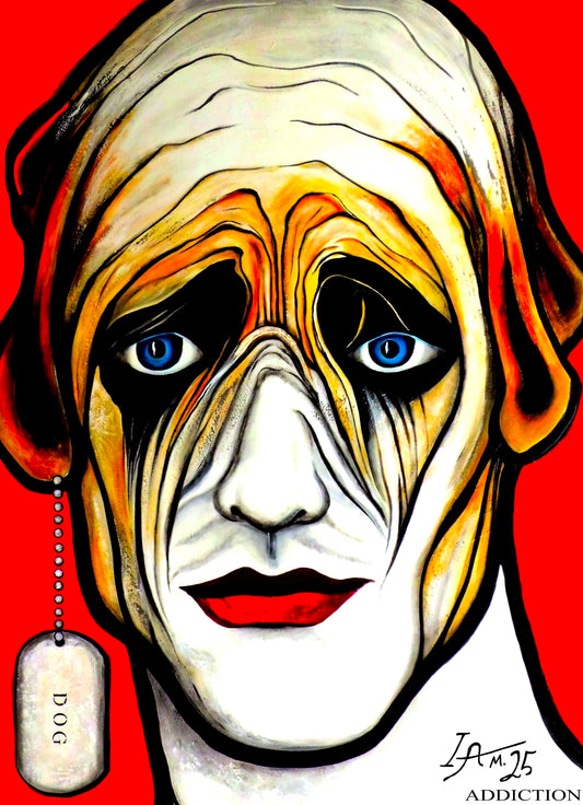 Artistic depiction of a dog with a red background and 'ADDICTION' text.