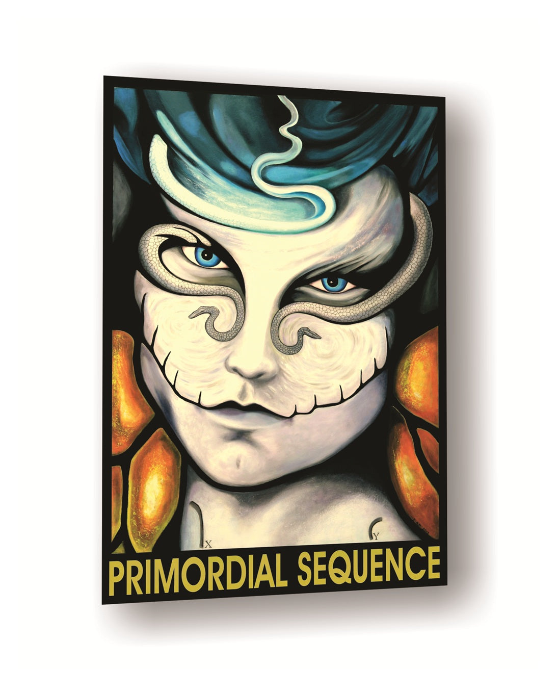 Artistic depiction of a serpent face with blue hair and orange accents, labeled 'Primordial Sequence'.
