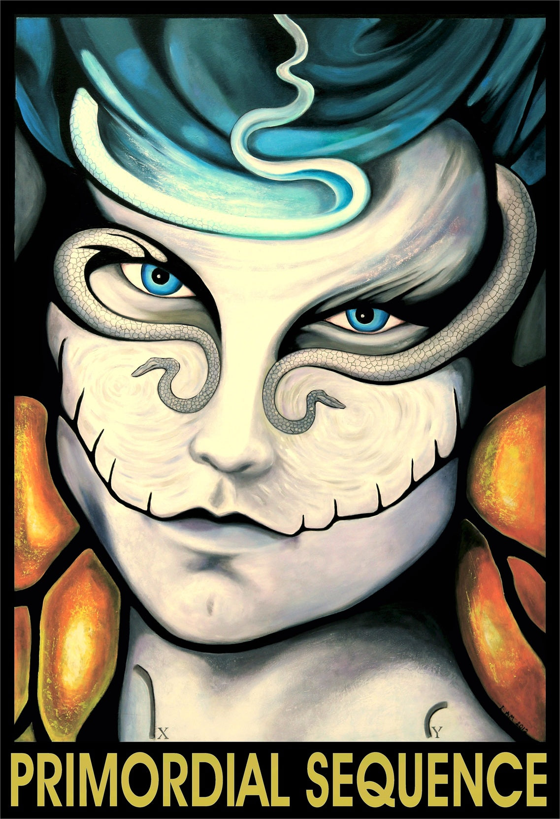 Artistic depiction of a serpent man face with blue hair and glowing orange elements, labeled 'Primordial Sequence'.