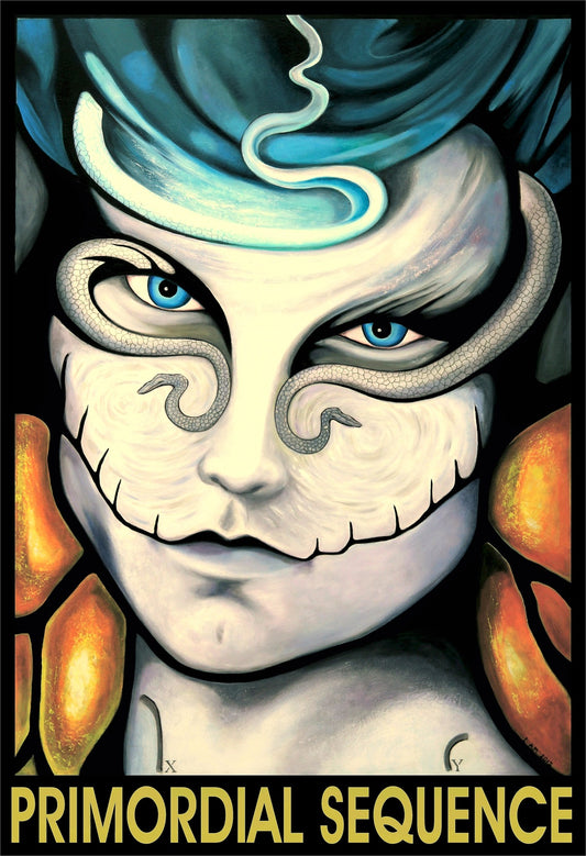 Artistic depiction of a serpent man face with blue hair and glowing orange elements, labeled 'Primordial Sequence'.